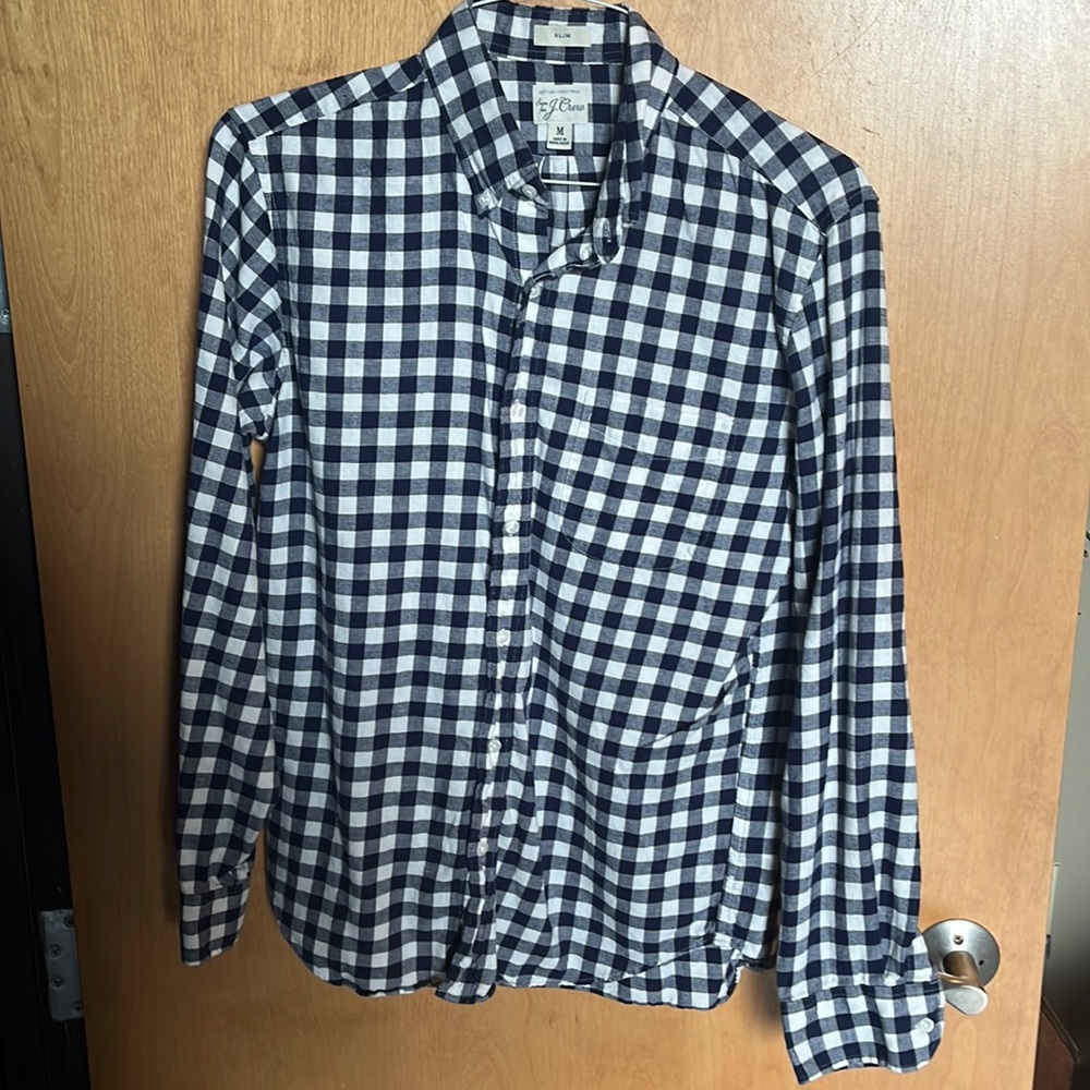 J. Crew Navy Gingham, Cotton-Linen Twill Shirt